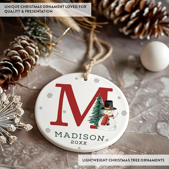 Andaz Press Personalized Ornament, Custom Name, Initial M Monogram Snowman 2.8" Ceramic Porcelain 2025 Christmas Ornament Keepsake for Kids, Boys, Girls, Initial Ornaments Monogram Ornaments 1-Pack