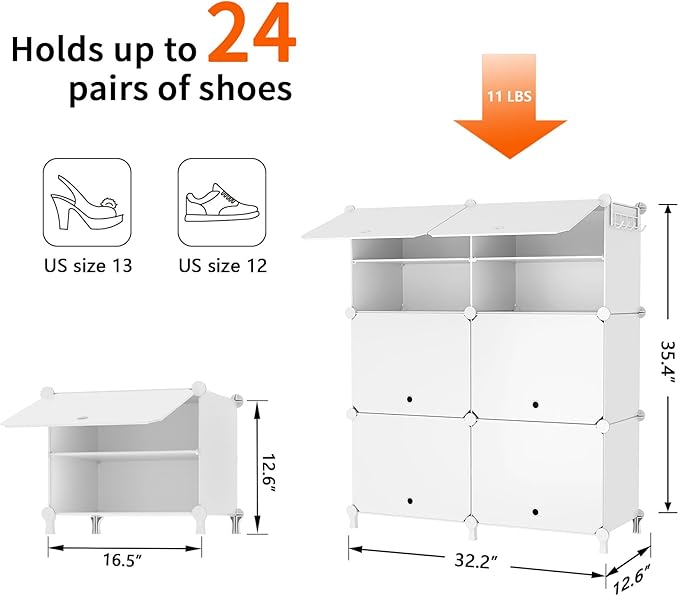 AWTATOS Shoe Rack, 6 Tier Shoe Storage Cabinet with Door, 32 Pair Shoe Organizer Shelves for Closet Hallway Bedroom Entryway, White