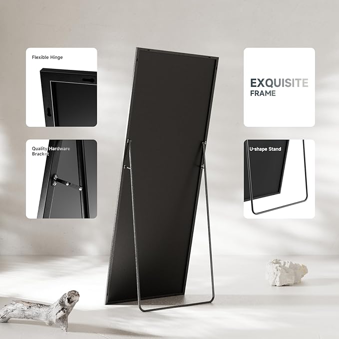 56"x15" Full Length Mirror, Black Tempered Glass Rectangle Floor Standing Mirrors,Wall Mounted Hanging Aluminum Alloy Frame Bedroom Floor