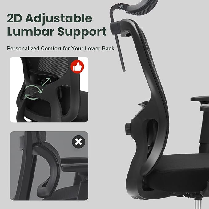 Ergonomic Office Chair - 350LB Mesh Office Chair with Adjustable Lumbar, High Back Computer Desk Chair with 3D Armrests, Comfy Chair with 2D Headrest & Tilt Function for Study, Work, Gaming