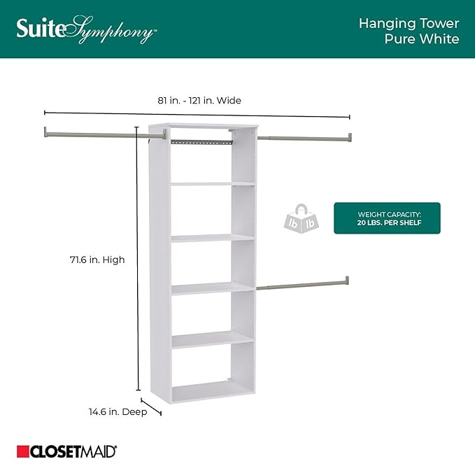 ClosetMaid SuiteSymphony Hanging Tower Organizer with (3) Closet Rods, and (6) Shelves, 81" to 121" W x 71.6" H x 14.6" D, White