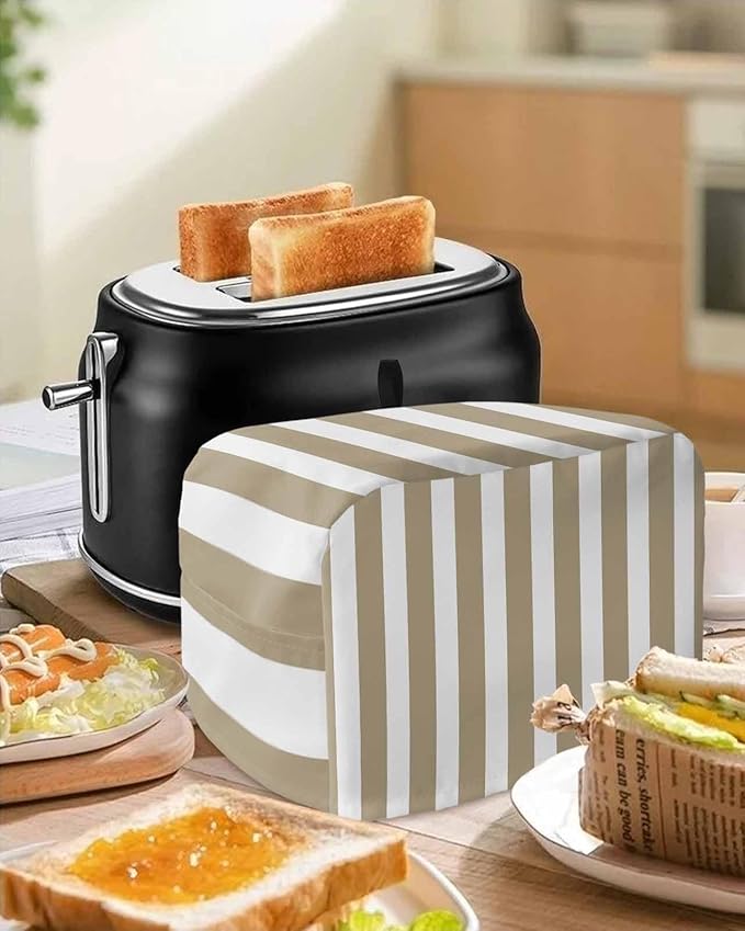 Toaster Cover 4 Slice Khaki Stripes Toaster Oven Cover with Pockets Browm Vertical Striped Dustproof Bakeware Protector Small Kitchen Appliance Dust Covers and Fingerprint Protection for Women