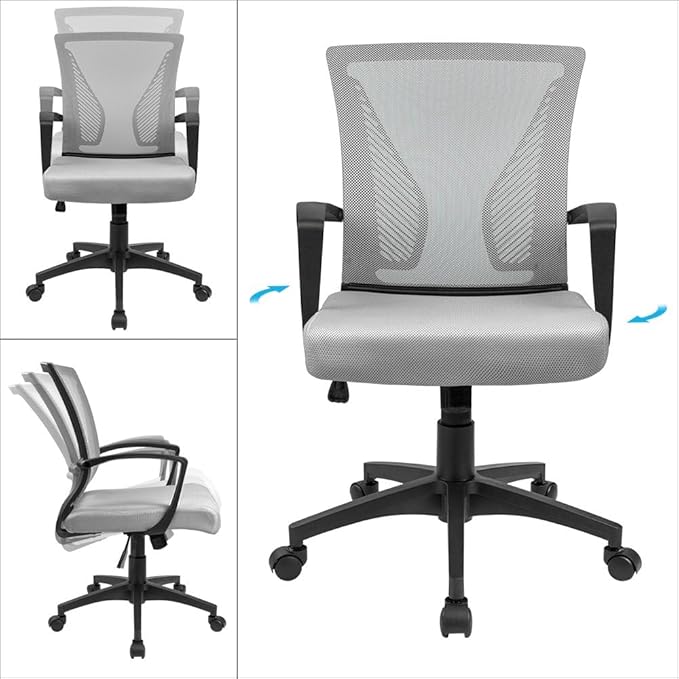 Furmax Office Chair Ergonomic Computer Desk Mesh Chair Mid Back Swivel Lumbar Support with Armrest (2, Gray)