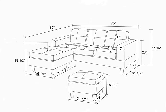 FONTOI L Shaped Sofa with Ottoman, Modern Faux Leather Couch with Chaise, 3 Seat Living Room Sofa Set with Solid Wood, for Home, Apartment, Study Room, Brown Grey