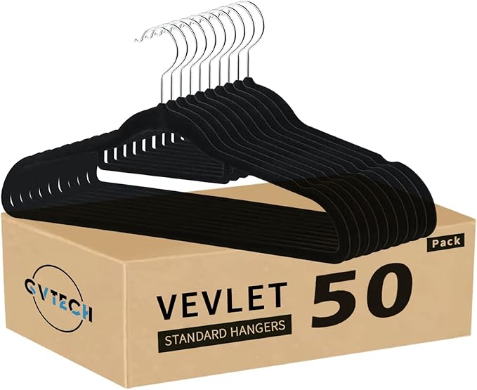 Premium Velvet Hangers, [50 Pack] Non Slip and Heavy Duty Velvet Suit Hangers (45cm) with Tie Bar, 360° Swivel Hooks, Sturdy to Hold Jumper, Pullovers, Jackets & Hoodies (50 Pack, Black)
