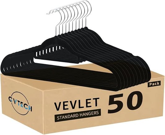 Premium Velvet Hangers, [50 Pack] Non Slip and Heavy Duty Velvet Suit Hangers (45cm) with Tie Bar, 360° Swivel Hooks, Sturdy to Hold Jumper, Pullovers, Jackets & Hoodies (50 Pack, Black)