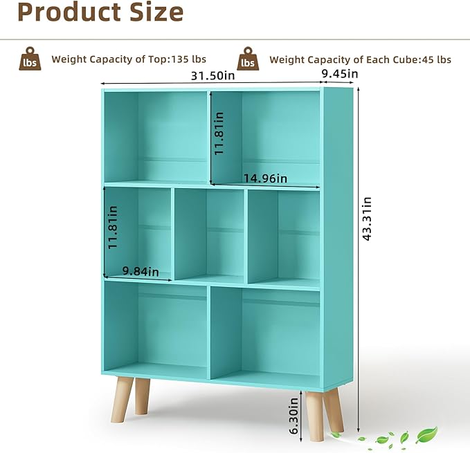 LEYAOYAO 7 Cube Bookshelf 3-Tier Bookcase with Legs, Mint-Green Kids Book Shelf Cute Storage Organizer, Toy Shelves Bookshelves,Wood Display Bookcases