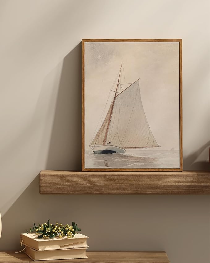 InSimSea Framed Wall Art for Living Room Coastal Wall Decor White Sailboat Seascape Watercolor Vintage Painting Beach Home Decor Boho Wall Pictures Farmhouse Art Prints Bathroom Office 12x16in