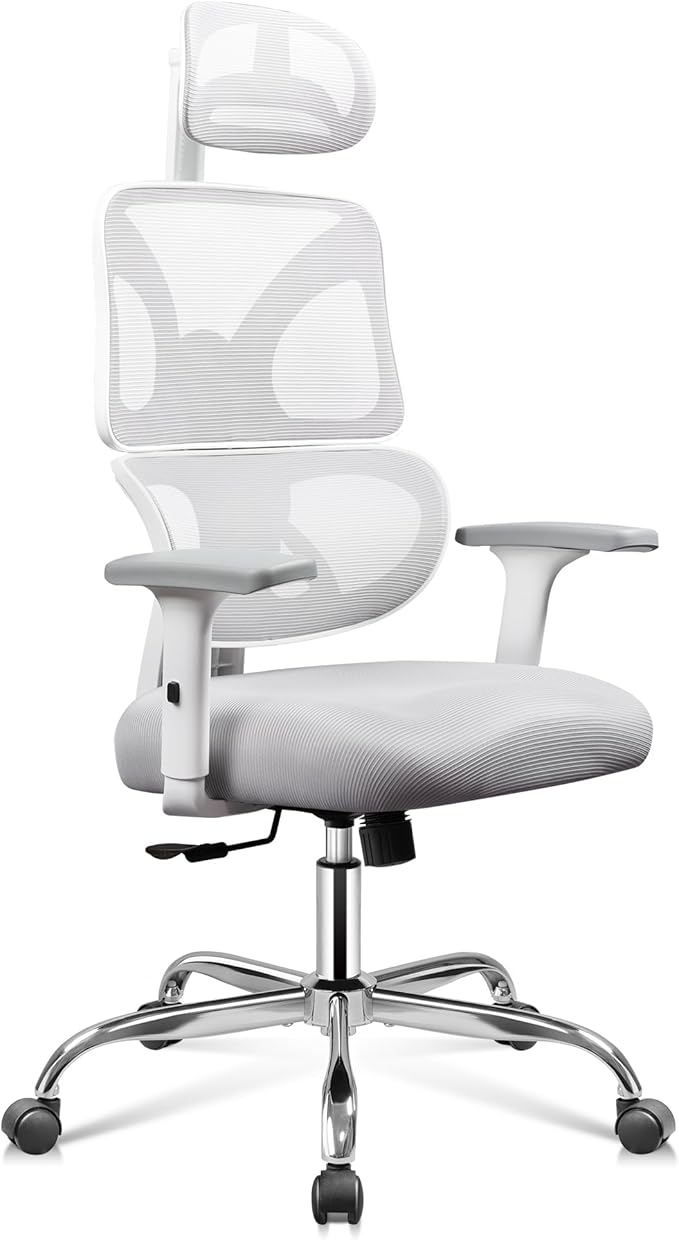 DEVAISE Office Chair Big and Tall Reclining Ergonomic Desk Chair for Long Hours, Comfy Breathable Mesh, Adjustable Armrests with Lumbar Support, White