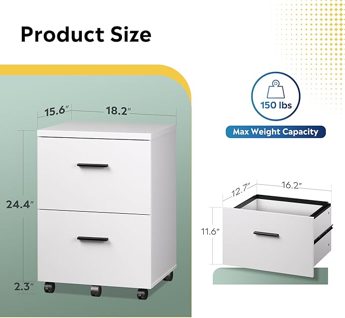 DEVAISE Wood File Cabinet, 2 Drawer Filing Cabinet for Home Office, Vertical File Cabinets with Wheels fits A4/Letter/Legal Size File, White