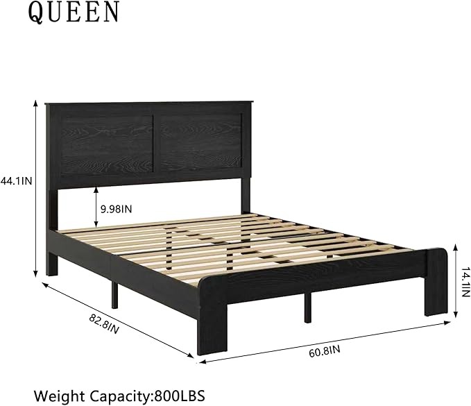 Queen Size Bed Frame, Vintage Platform Bed Frame with Wood Headboard and Footboard, 12 Wood Slats Support, No Box Spring Needed (Black)
