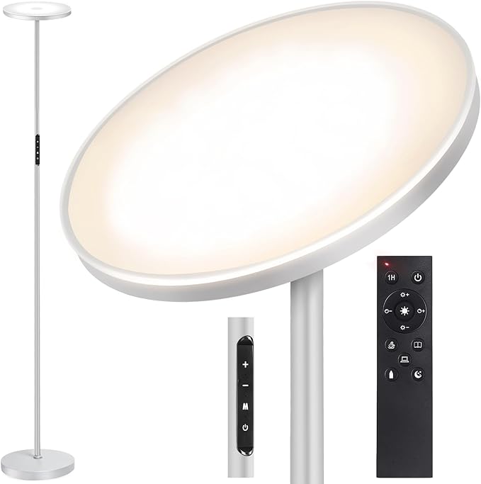 OUTON Floor Lamp, 30W/3000LM LED Modern Torchiere Sky Lamp, Super Bright Dimmable Standing Tall Lamp with 4 Color Temperatures, Remote Touch Control, Timer for Living Room Bedroom Office, Silver Grey