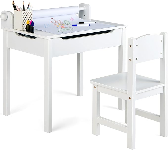 Costzon Kids Table and Chair Set, Flip Top Kids Art Craft Table w/Chair for Playroom Kindergarten, Toddler Drawing Writing Desk Set w/Paper Roll & 2 Markers, Gift for Boys Girls Ages 3+ (White)