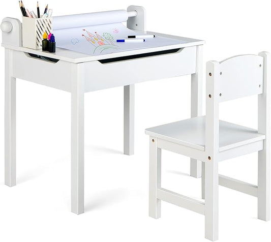 Costzon Kids Table and Chair Set, Flip Top Kids Art Craft Table w/Chair for Playroom Kindergarten, Toddler Drawing Writing Desk Set w/Paper Roll & 2 Markers, Gift for Boys Girls Ages 3+ (White)