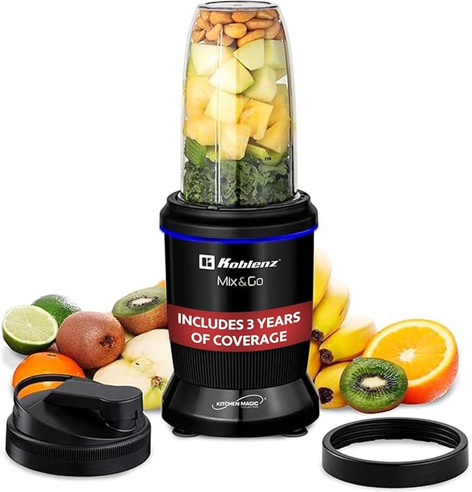 Koblenz Mix&Go Personal Blender, Portable Size Blender for Shakes and Smoothies with Auto-Stop Function, 1000w Motor, Stainless Steel Blades, To-Go Cup, Easy to Clean, Black