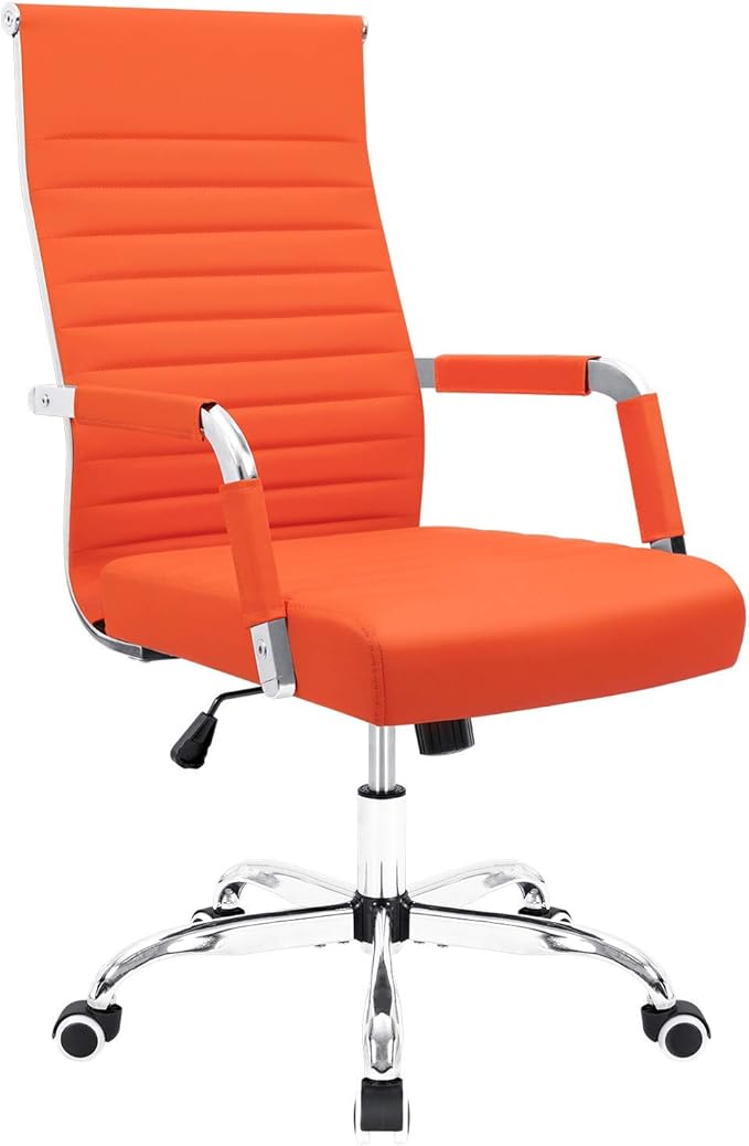 Furmax Ribbed Office Desk Chair Mid-Back Leather Executive Conference Task Chair Adjustable Swivel Chair with Arms (Orange)