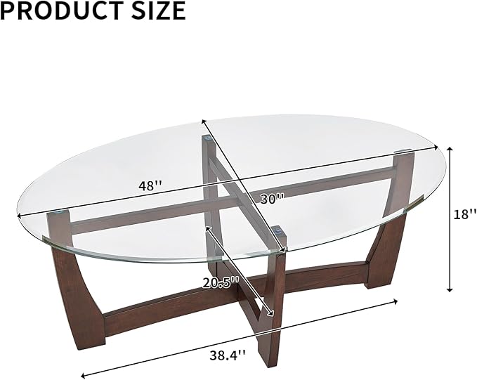 48" Oval Glass Coffee Table with Tempered Glass Top Cross and Solid Wood Base Simple & Modern Center Table for Living Room Office Apartment Cherry