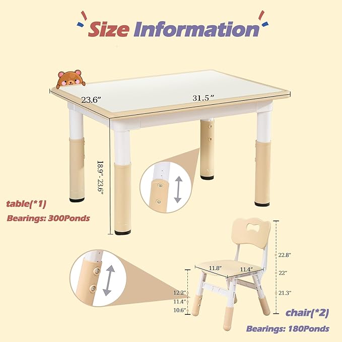Kids Table and 2 Chair Set, Toddler Table and Chair Set Height Adjustable, 31.5''L x 23.6''W Multifunctional Kids Table for Reading, Drawing, Eating, for Ages 2-10, White Board + Beige