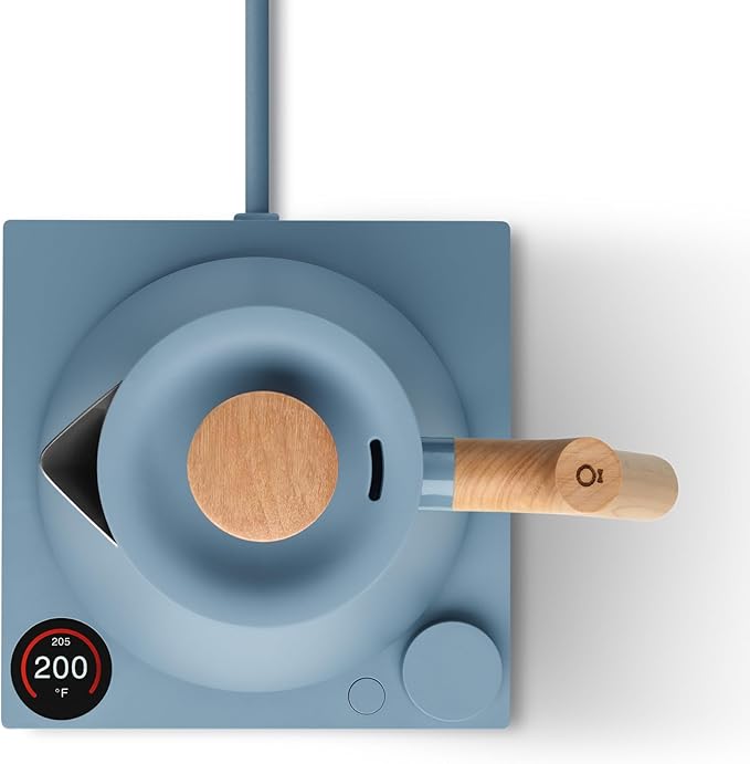 Fellow Corvo EKG Pro Electric Tea Kettle - Quick Heating, Precise Temperature Control Electric Kettle, Scheduling, Built-in Brew Timer for Boiling Water - Hazy Blue with Maple Handle - 0.9 Liter