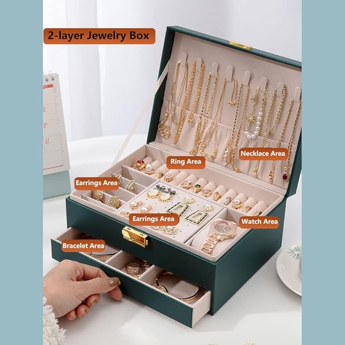Jewelry Box for Women Girl Wife - Large PU Leather Jewelry Organizer Storage Case with Two Layers Display for Earrings Bracelets Rings Watches (Green)