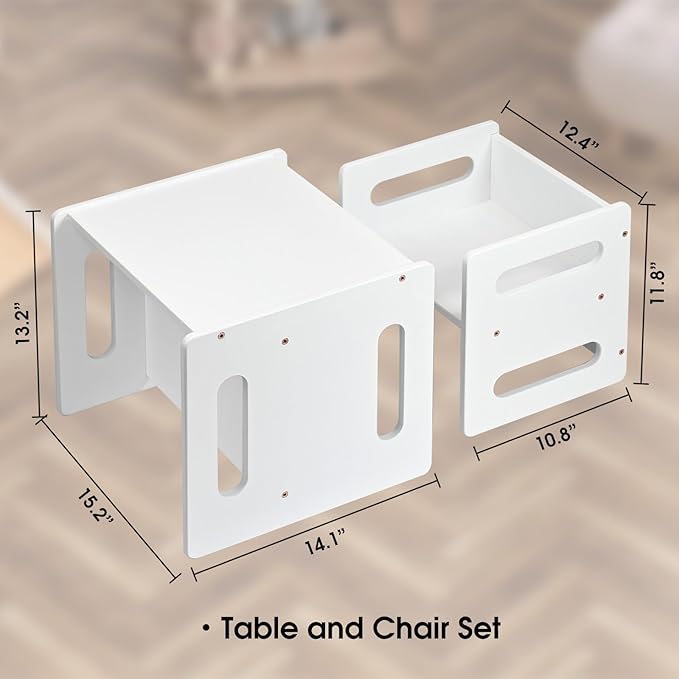 Kids Table and Chair Set,Montessori Weaning Table and Chair,Natural Bamboo Small Desk Chair,Toddler Activity Table and Chair Set for 1-3 Year Old Kids Dinner,Reading,Playing Toys,CPC Certified, White