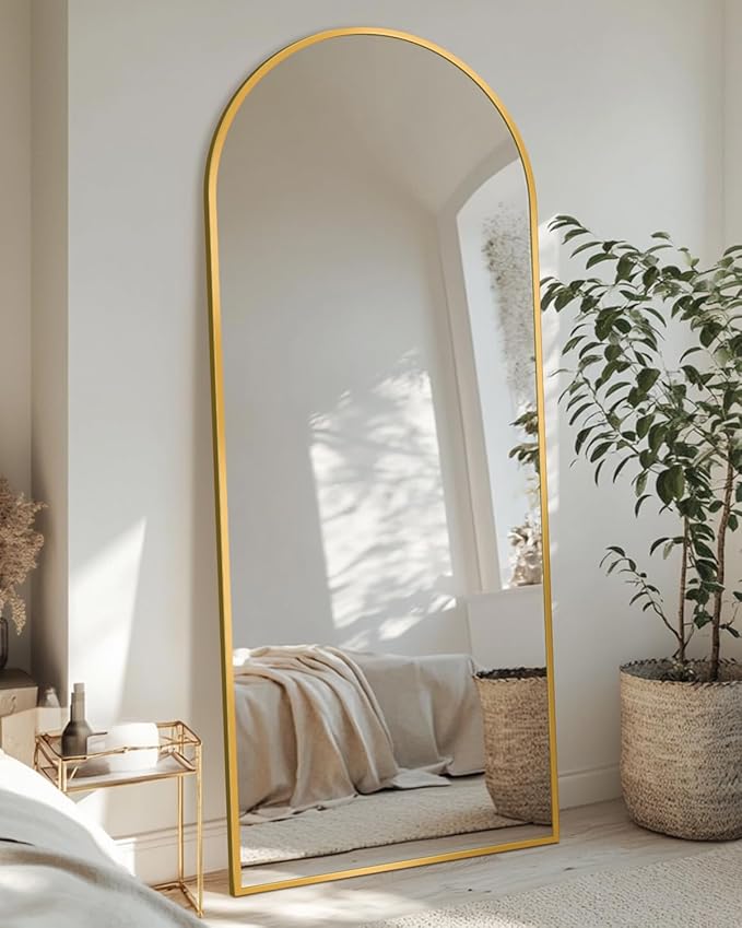 Full Length Mirror with Stand, 58"x18" Arched Full Body Mirror, Large Stand Up Aluminum Frame Floor Freestanding Hanging Leaning Mounted for Bedroom Living Room Entryway Gold