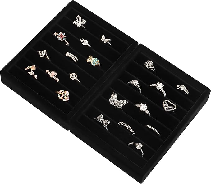 Small Jewelry Tray-Ring Organizer 2PCS Premium Velvet Rings Earrings Display Tray Storage Insert Holder for Jewelry Box, Drawer, Dresser (8 Slots, Black)