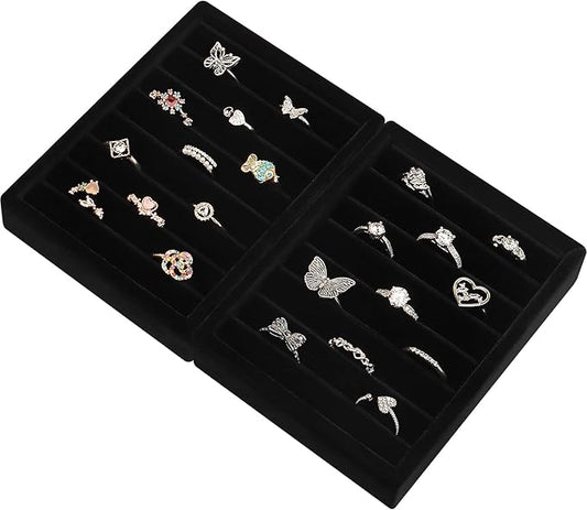 Small Jewelry Tray-Ring Organizer 2PCS Premium Velvet Rings Earrings Display Tray Storage Insert Holder for Jewelry Box, Drawer, Dresser (8 Slots, Black)