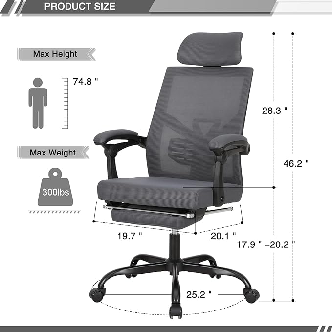 Qulomvs Mesh Ergonomic Office Chair with Footrest Home Office Desk Chair with Headrest and Backrest 90-135 Adjustable Computer Executive Desk Chair with Wheels 360 Swivel Task Chair