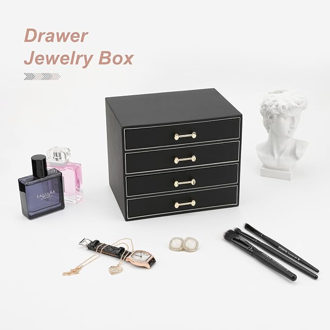 Jewelry Organizer with 4 Drawers, Women Jewelry Box with 6 Jewelry Trays Stackable Jewelry Holder for Earrings Ring Bracelet Necklace, Black