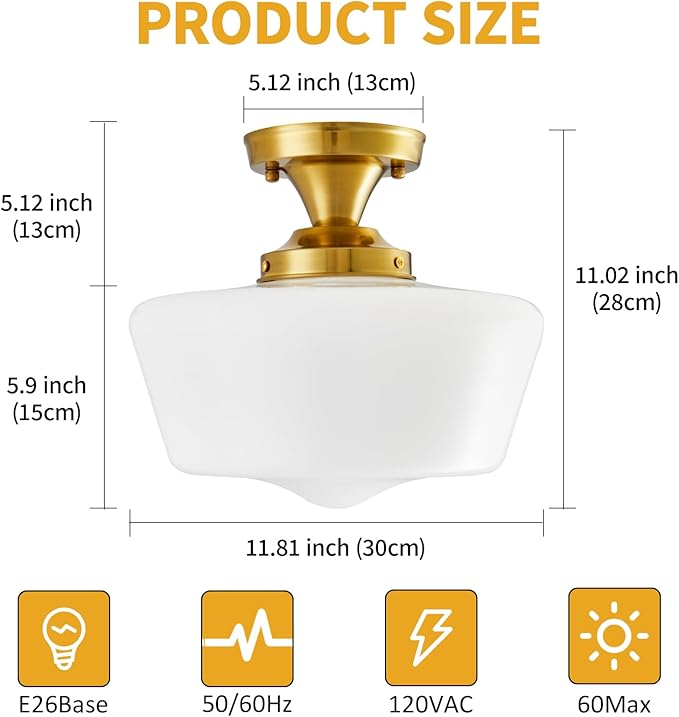 Schoolhouse Light Fixture Modern Gold Ceiling Light,Semi Flush Mount Ceiling Light,12''Wide Opal Milk Glass Shade,Brass Vintage Light for Farmhouse Bedroom Kitchen Hallway Entryway