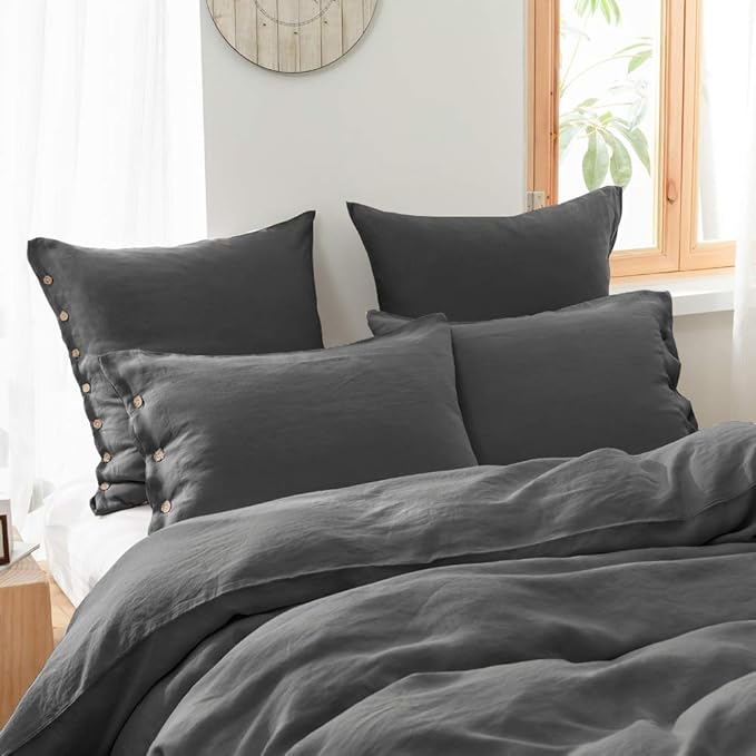 Simple&Opulence 100% Washed Linen Euro Sham Cover, 26 x 26 Inch, Decorative Bed Pillow Cover with Coconut Button, Solid Color Pillow Shams Set of 2 (Charcoal Grey)