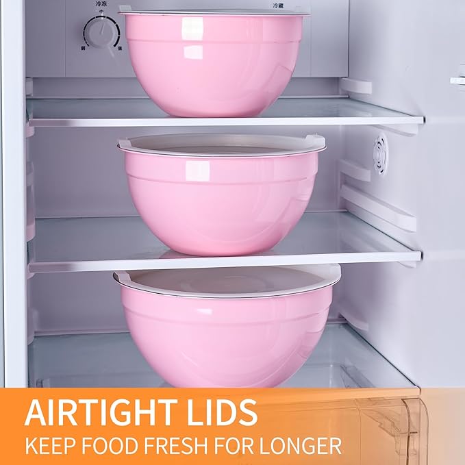 Pink Mixing Bowls with Airtight Lids, Stainless Steel Nesting Mixing Bowls Set of 7, Ideal for Baking, Prepping and Serving Food, Size 7, 3.6, 2.7, 2.1, 1.5, 1.1,0.8 QT, Stackable Design