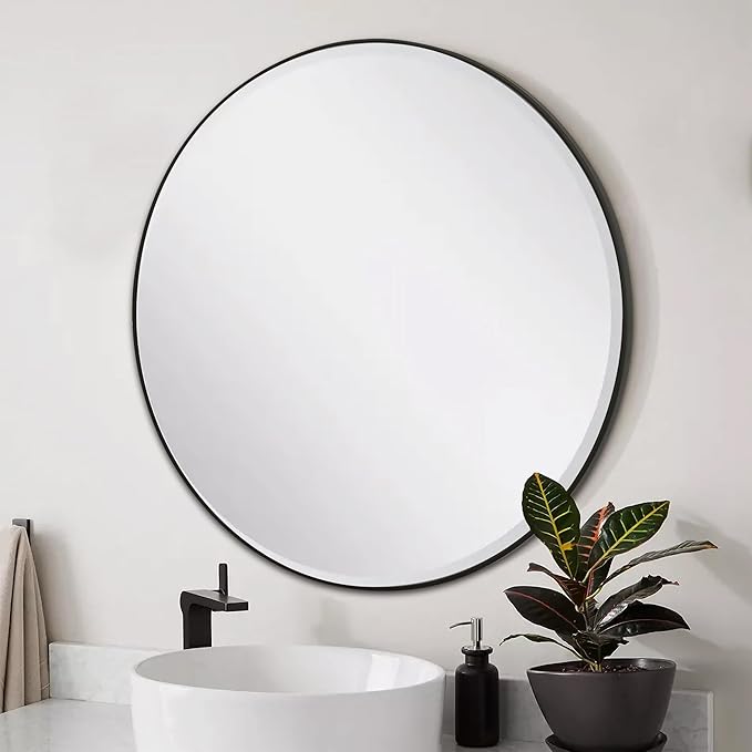 Black Round Mirror,Bathroom 30 Inch Vanity Wall Mirror,Modern Circle Mirror for Wall,Wood Mirror for Bedroom Living Room Entryway