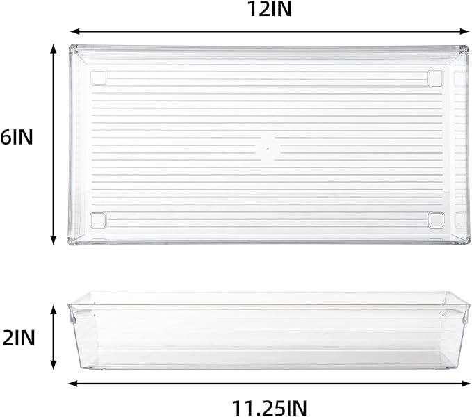4 Pack 12"x 6" Large Size Clear Plastic Desk Drawer Organizer Tray Bathroom Office Kitchen Utensils Silverware Gadgets Dividers Desk Drawer Storage Bins Container for Dresser Cosmetic Makeup