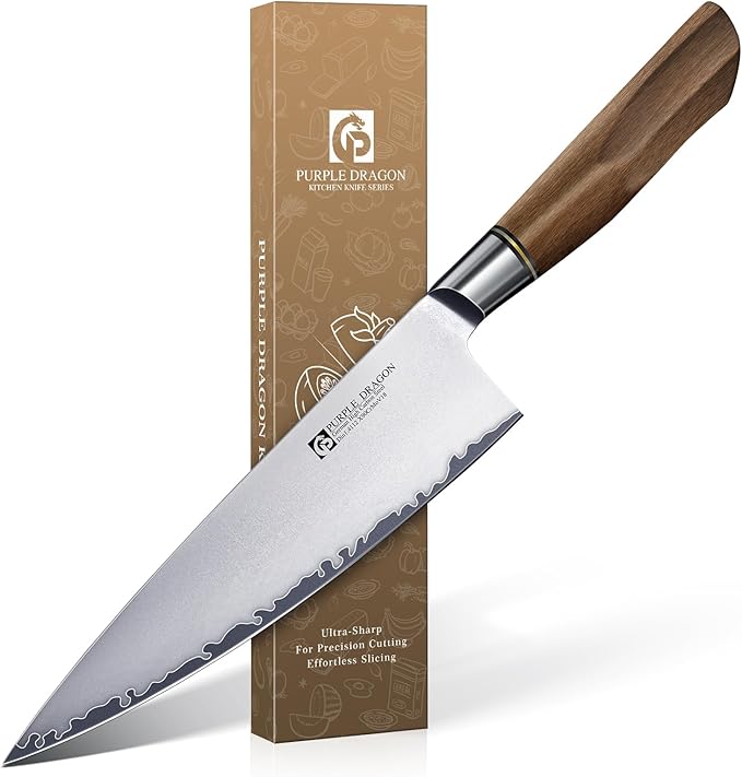 Purple Dragon Chef Knife 7.8 Inch, Ultra Sharp Japanese Kitchen Knife, German Vg10 Steel Meat Cutting Chopping Dicing Vegetables, Ergonomic Wooden Handle, Gift Box