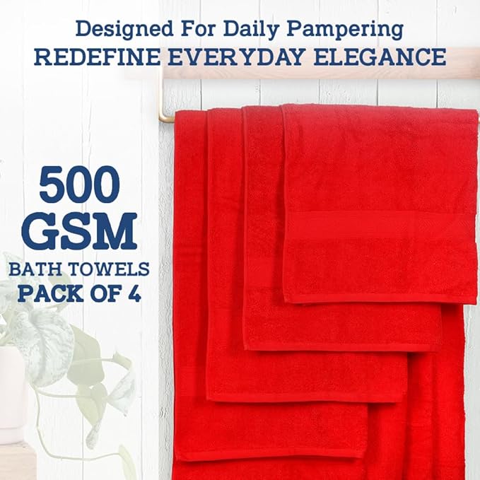Casa Lino Red Bath Towels Set of 4 (54" x 27") - Large Bathroom Towel Set - 100% Cotton Towels for Bathroom - Highly Absorbent & Quick Dry Bath Towel Multipack - New Apartment Essentials