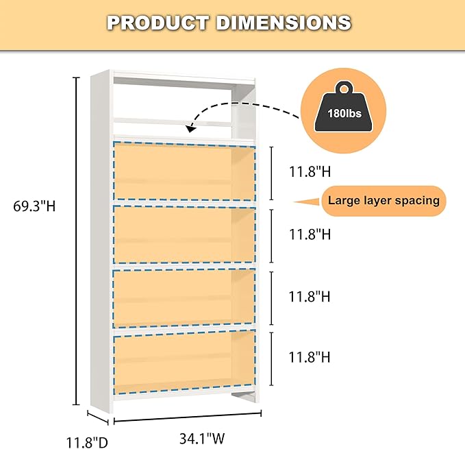 5-Tier Bookshelf, White Bookshelf with Storage Shelves, Metal Bookshelves, 69" Tall Bookcase for Living Room, Library, Office, Bedroom, Including Book Stopper,Simple Assembly