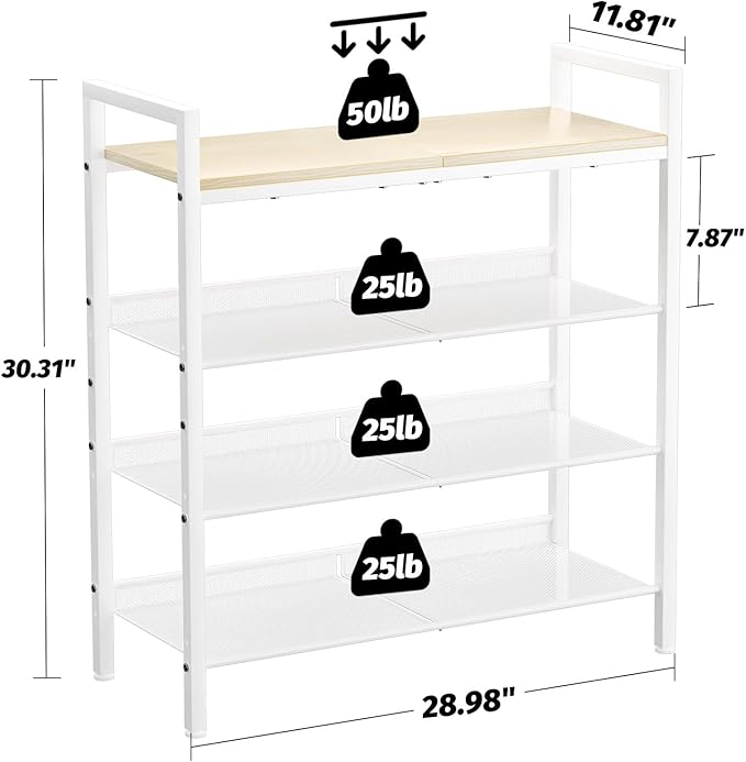 Shoe Rack for Front Door Entrance, 4 Tier Shoe Rack for Entryway, 12-16 Pairs of Shoes, Metal Shoe Racks Organizer, Free Standing Shoe Racks for Closet, Garage, Outdoor (White+Beige)
