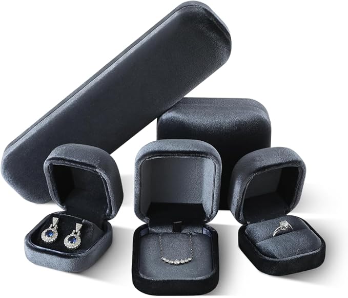 Resilient Velvet Ring Earrings Bracelet Necklace Display Box, Travel Mini Jewelry Organizer Case (Gray, Necklace Box)