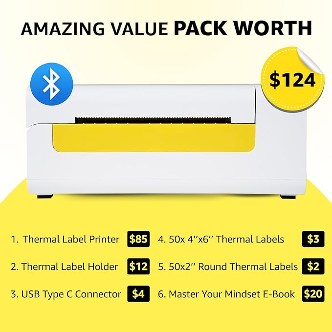 Bluetooth Thermal Shipping Label Printer for Small Business. Includes Paper Holder, 4x6 Labels, 2" Round Stickers, USB C, and E-Book.Compatible with Android, iOS, Windows, Mac.