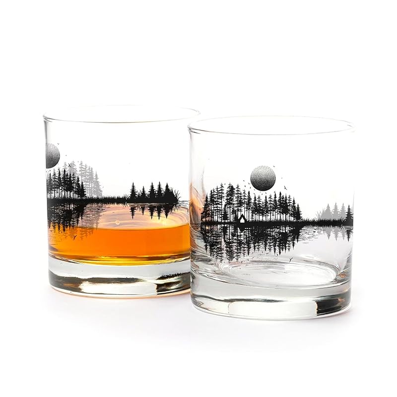 Set of 2 Whiskey Glasses - Nature Guitar Screen Printed Tumbler Glass Set of Two 11oz. Drinking Glasses - Lowball