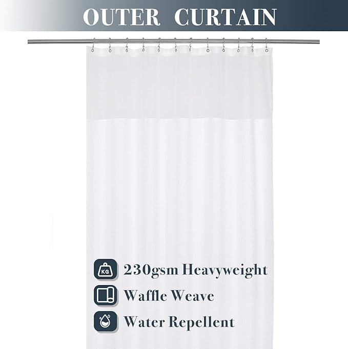 N&Y HOME Extra Long Waffle Weave Shower Curtain 96 Inch Length with Snap-in Fabric Liner & Metal Hooks Set - Hotel Style, Waterproof & Washable, Heavyweight Fabric & Mesh Top Window - 71x96, White