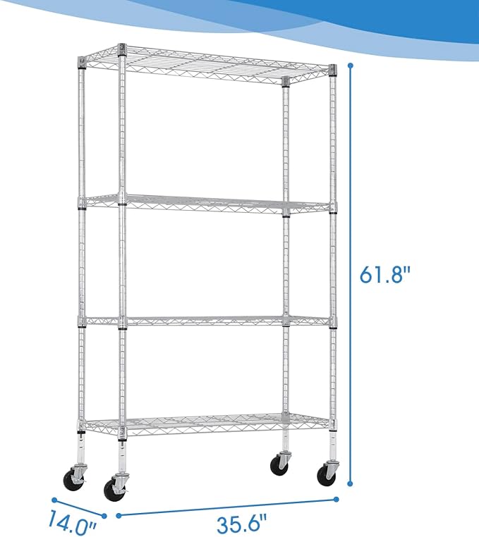 PayLessHere 4-Tier Adjustable Shelf Shelving Unit Shelves Shelf Heavy Duty Storage Steel Organizer Wire Rack (350 lbs Loading Capacity per Shelving) with Wheels Multi-Function Easy Assembly,Chrome