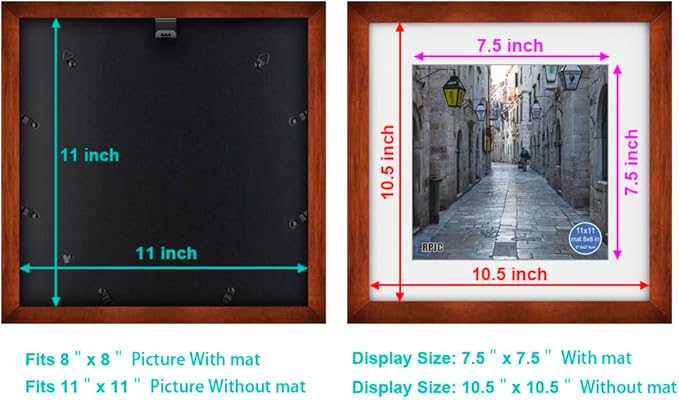 RPJC 11x11 inch Picture Frame Made of Solid Wood and High Definition Glass Display Pictures 8x8 with Mat or 11x11 Without Mat for Wall Mounting Photo Frame Brown