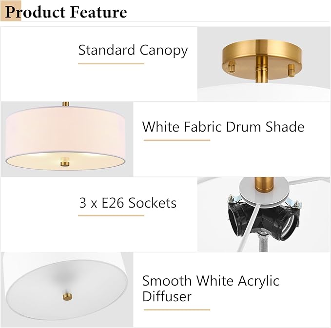 3-Light Gold Semi Flush Mount Ceiling Light,12" Drum Light with White Fabric Shade,Modern Close to Ceiling Light for Bedroom, Living Room, Kitchen, Dining Room, Hallway and Entryway
