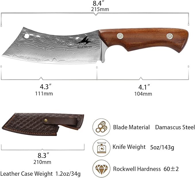 Kitchen Utility Knife, 4.3 Inch - Damascus Steel Carving Knife with Leather Scabbard, Ergonomic Full Tang Handle for Home Kitchen Cooking Outdoor Camping BBQ