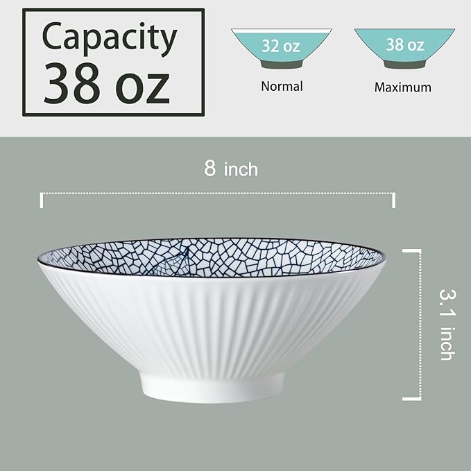 38 oz Japanese Ramen Bowl Set of 6 - Large 8 Inch Ceramic Soup Bowls, Blue and White Japanese Noodle Bowls for Pho, Ramen, and Salad - Leaf Patterns
