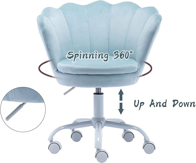 Velvet Kids Desk Chair Cute Computer Chair Modern Upholstered Swivel Arm Chair Adjustable Rolling Vanity Chair for Bedroom Living Room Girls (Blue)