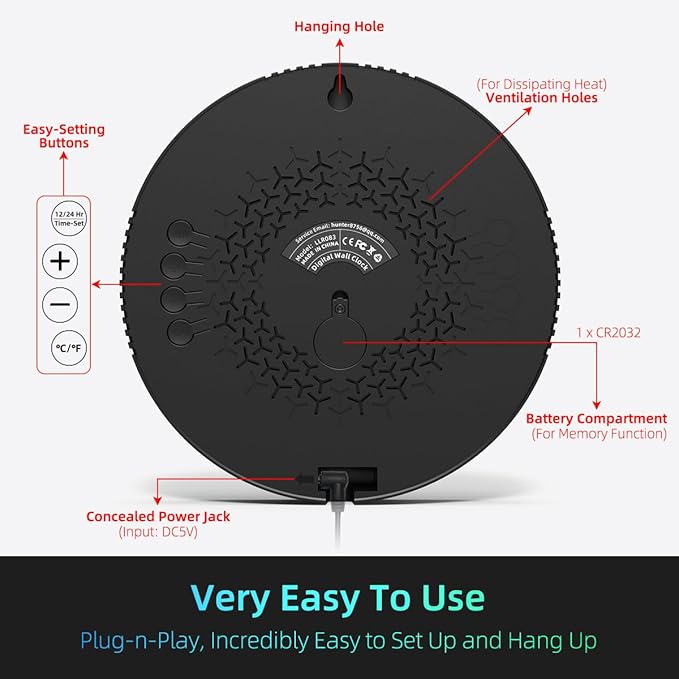 Digital Wall Clock with Large LED Display, Date, Temperature, Auto-Brightness | Small [PLUG-IN] Clock | Modern Electric Wall Clock for Bedroom, Classroom, Living Room, Home, Office, Farmhouse – Red